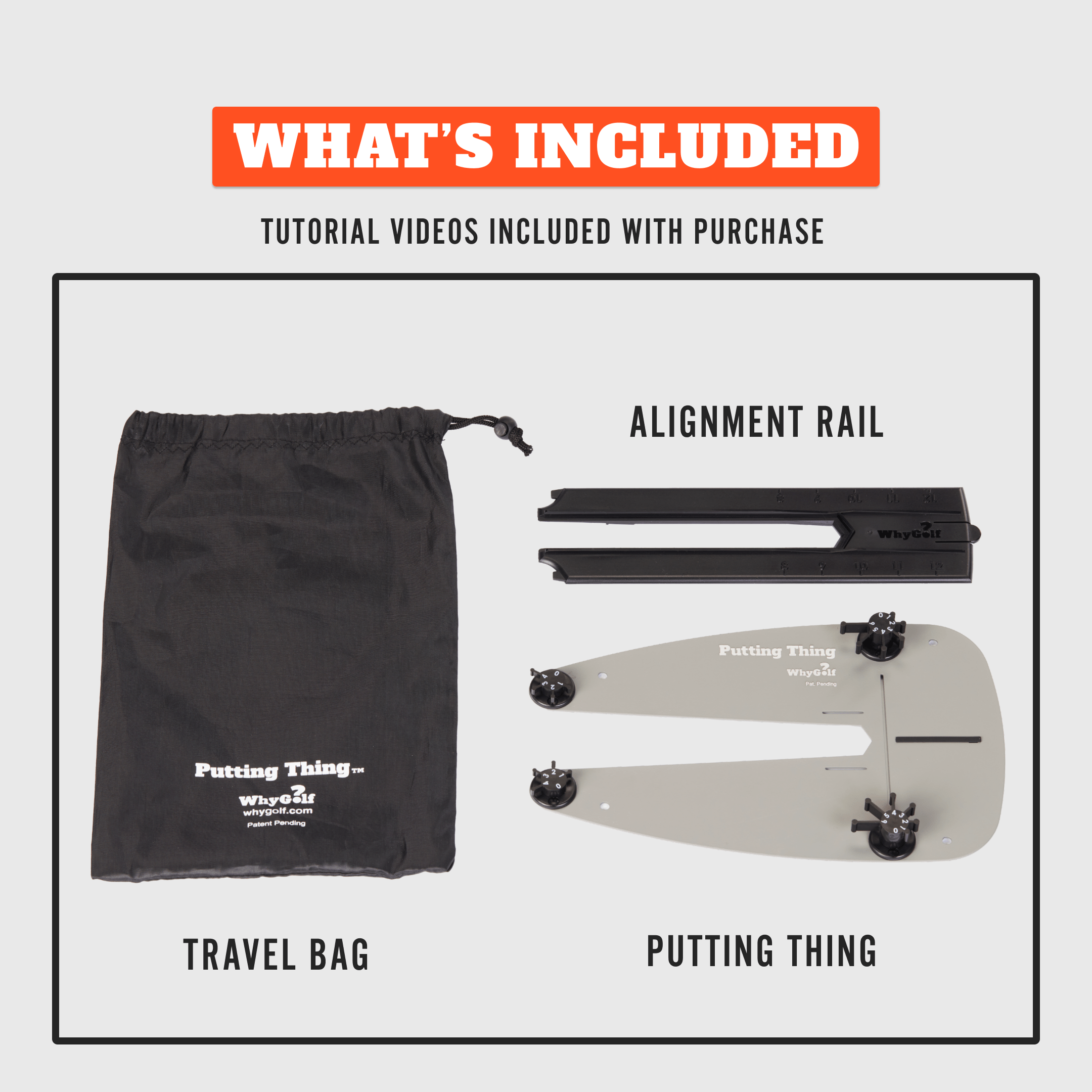 Golf putting thing with travel bag, alignment rail, and putting thing on a light gray background.