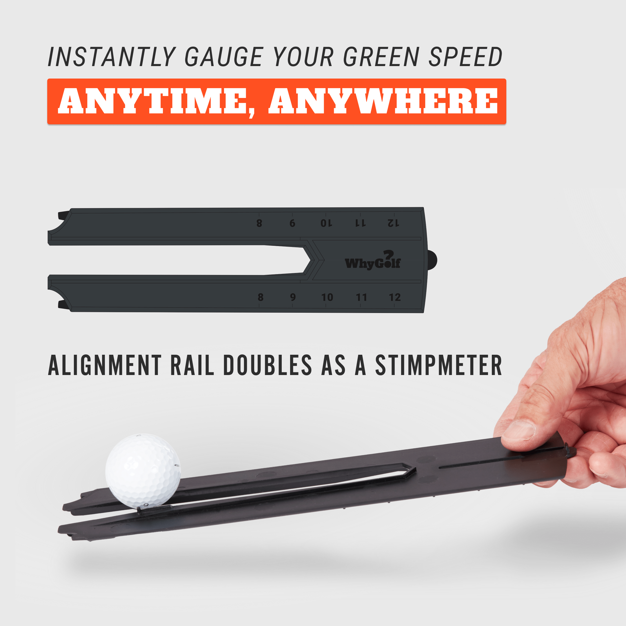 Golf device with text 'Instantly gauge your green speed anytime, anywhere' on a white background