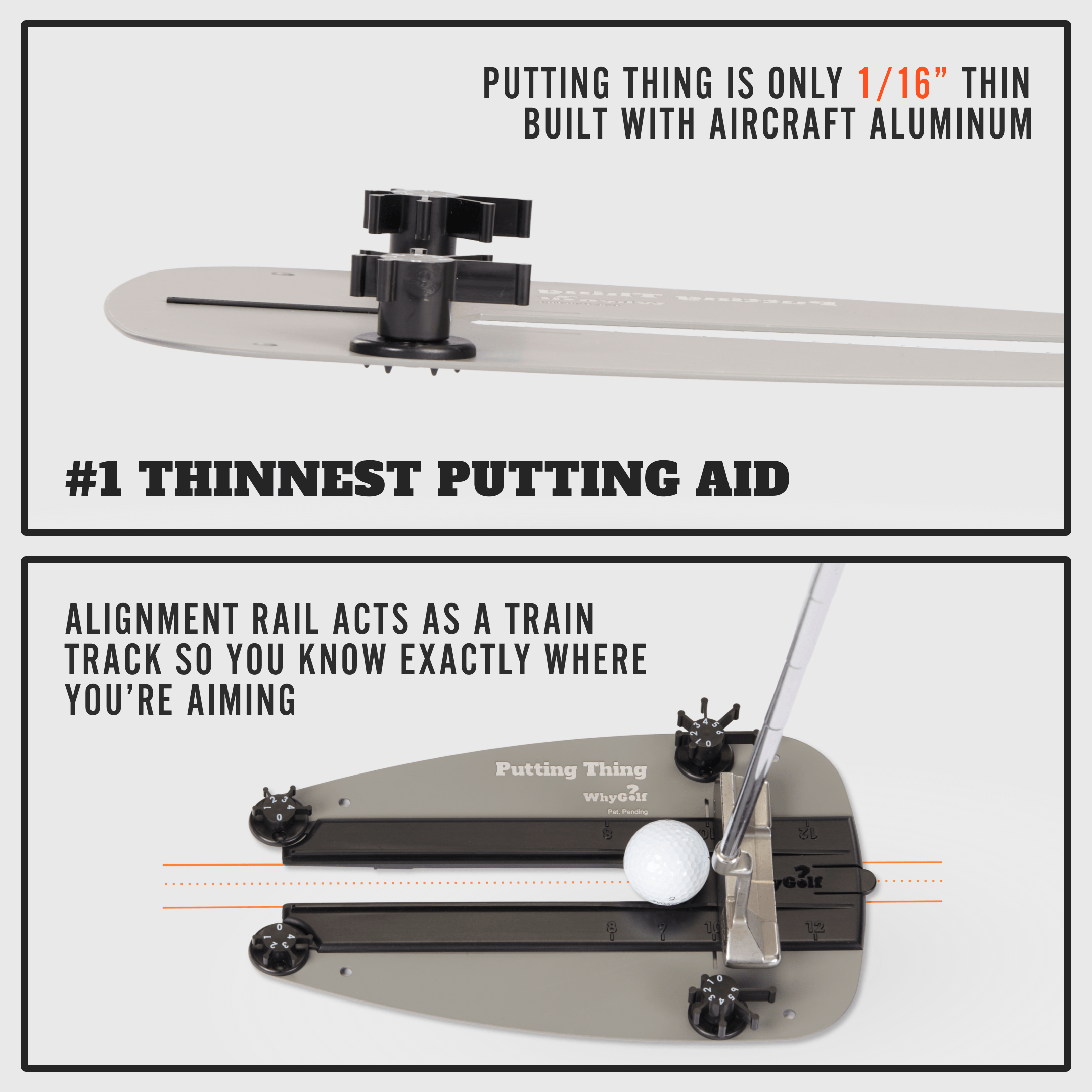 Thin putting aid with alignment rail and golf ball, featuring text about its thinness and construction.