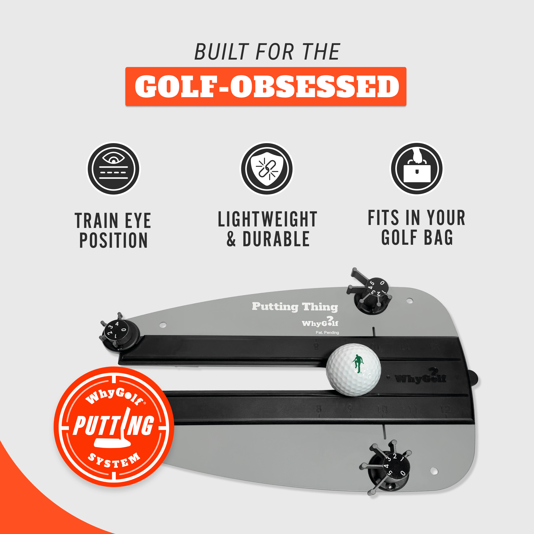 Golf practice device with features listed on a light gray background