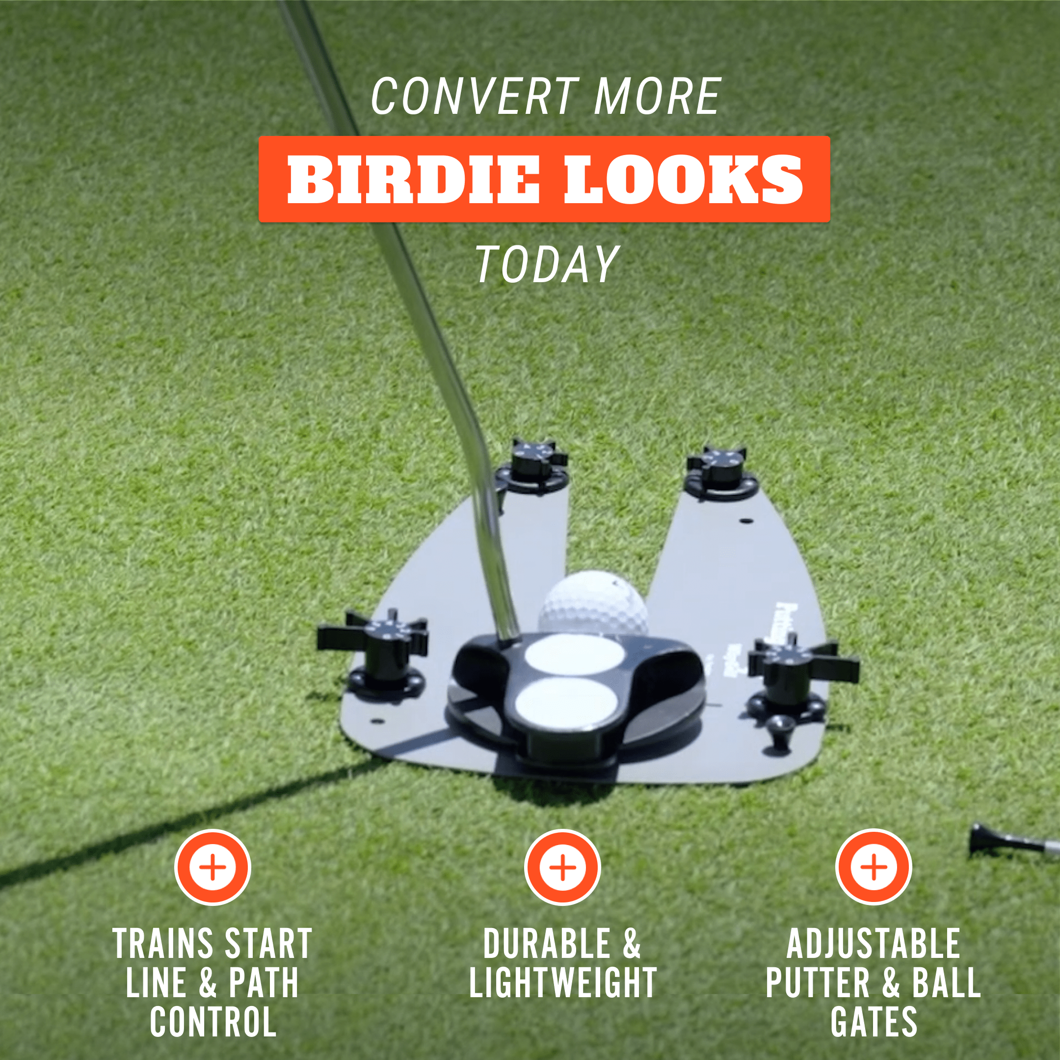 Golf training device on a green surface with text promoting its features.