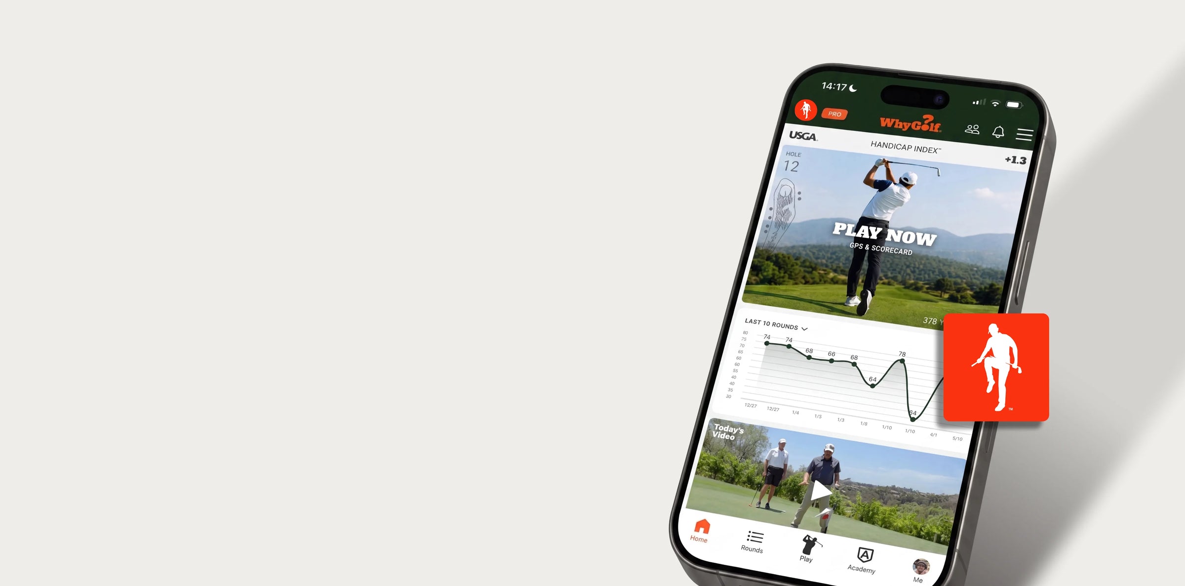 WhyGolf golf app home screen on an iPhone with GPS, scorecard and handicap trend
