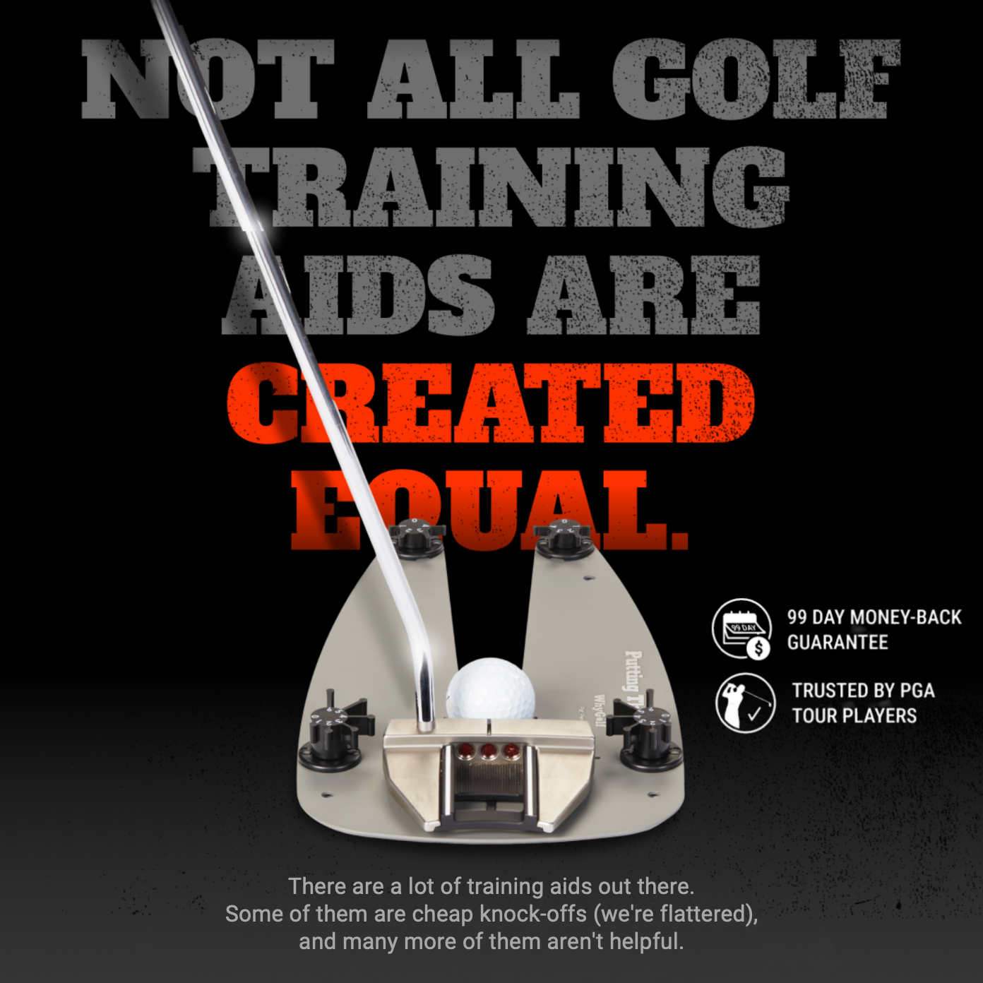 Golf training aid with text on a black background