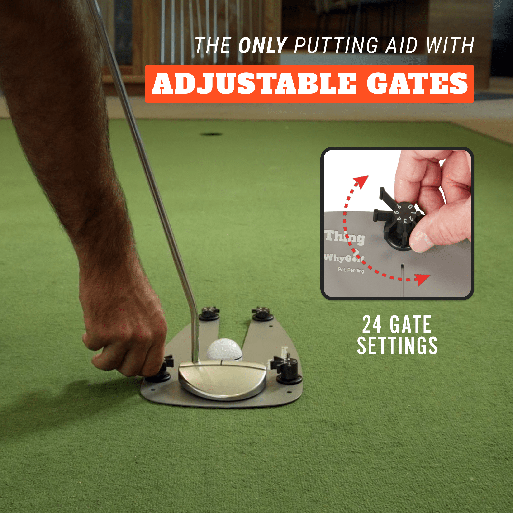 Golf putting aid with adjustable gates on a green surface, featuring text about its features.