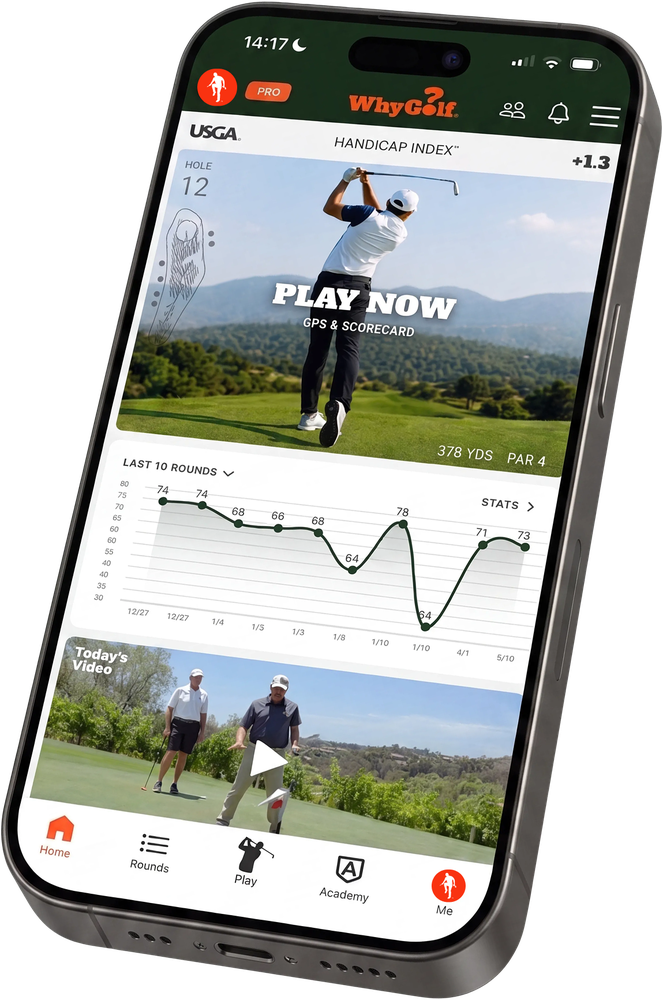 WhyGolf app home screen on an iPhone