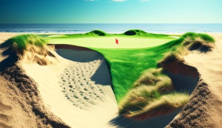 Golf green guarded by bunkers on a links course