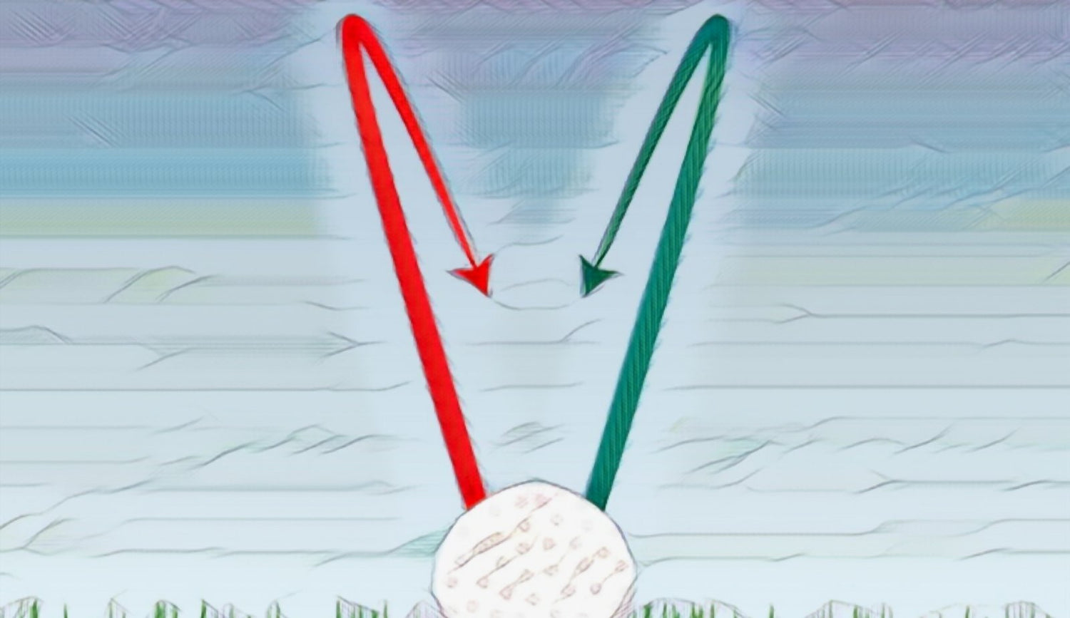 Illustration of a draw and a fade curving away from a teed golf ball