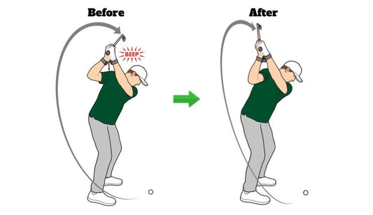 Before and after illustration of a golfer with a flying right elbow and with the trail elbow connected at the top
