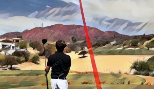 Golfer hitting a driver with the red fade trajectory curving back toward the target