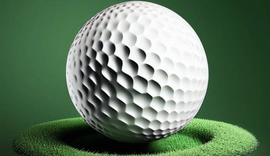 Close-up of a golf ball sitting on a green, the dimple pattern that generates backspin in sharp focus