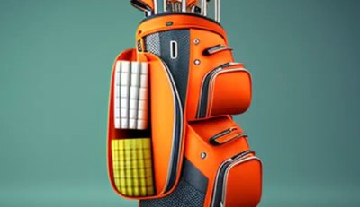 Golf bag holding clubs and orange padded alignment rods ready for a practice session