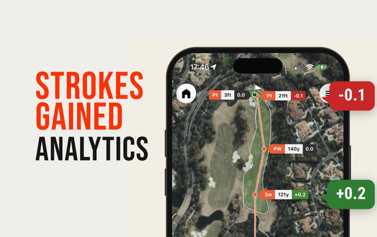 Strokes gained analytics in the WhyGolf app: a hole map with every shot scored, plus 0.2 for the 3-wood and minus 0.1 for the 21-foot putt