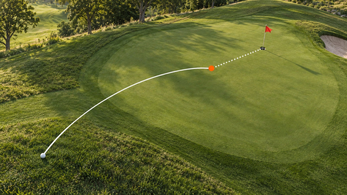 Golf green showing a solid white chip trajectory to an orange landing point and a dotted putting line to the cup