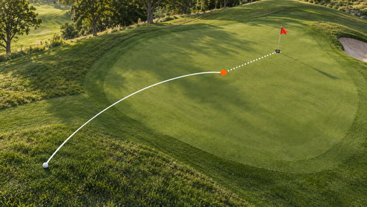 Golf green showing a solid white chip trajectory to an orange landing point and a dotted putting line to the cup