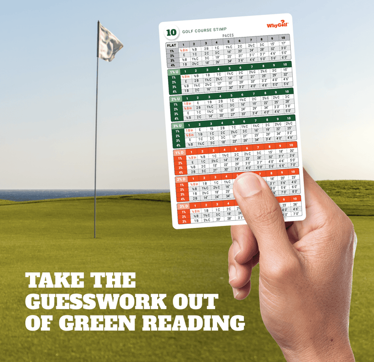 Hand holding a golf course stimp reading chart on a green field with a flagstick in the background.