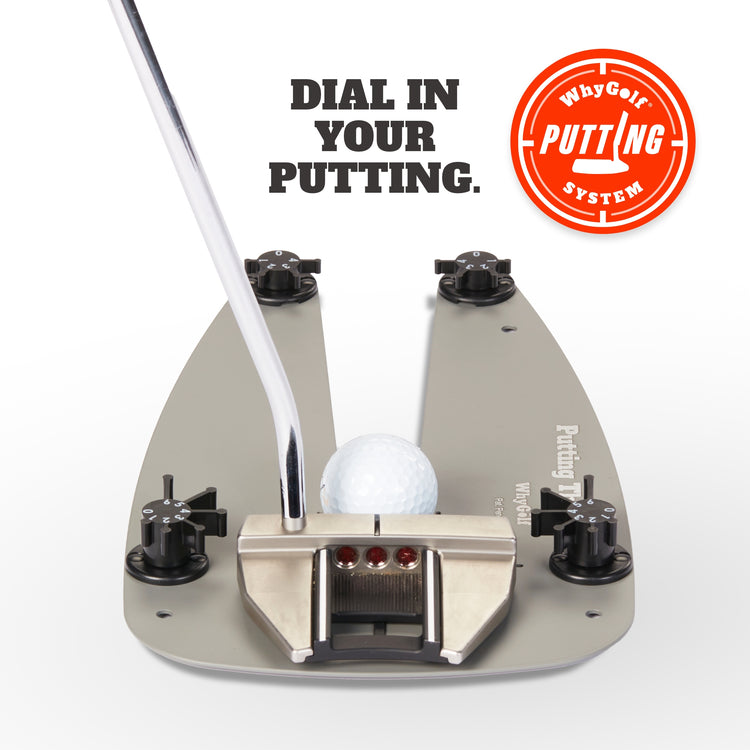 Golf putting training aid labeled 'Dial In Your Putting' by WhyGolf Putting System.