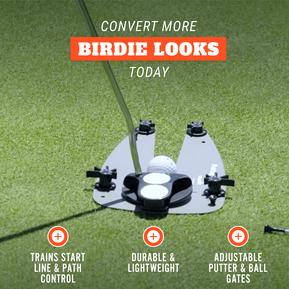 Golf training device on a green surface with text promoting its features.