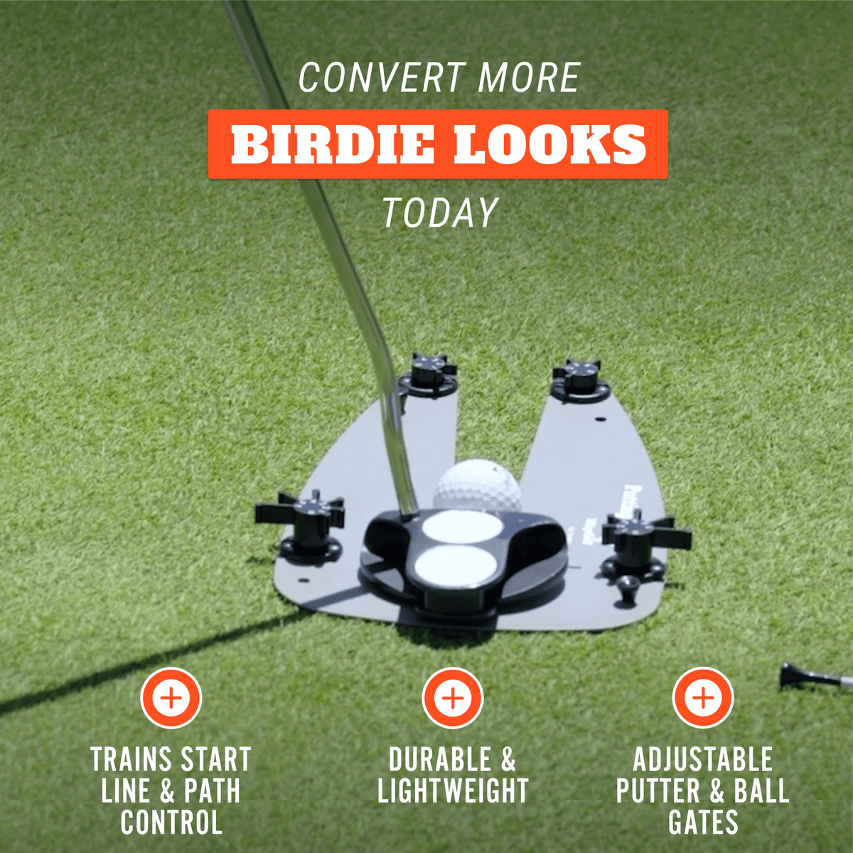 Golf training device on a green surface with text promoting its features.
