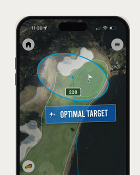 WhyGolf AimAssist showing the optimal target and dispersion pattern on a golf hole