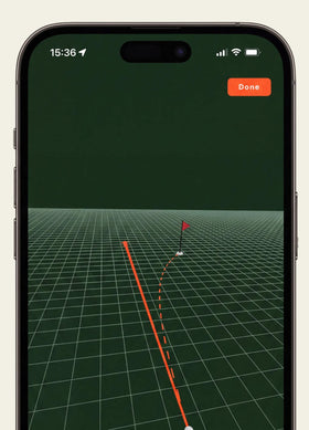 WhyGolf app green reading showing the aim line and putt break on a 3D grid