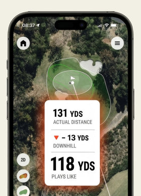 WhyGolf app plays-like yardage showing 131 yards actual, 13 yards downhill, plays like 118