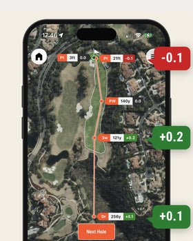 A smartphone screen showing a golf app with a satellite view of a hole and shot tracking data.
