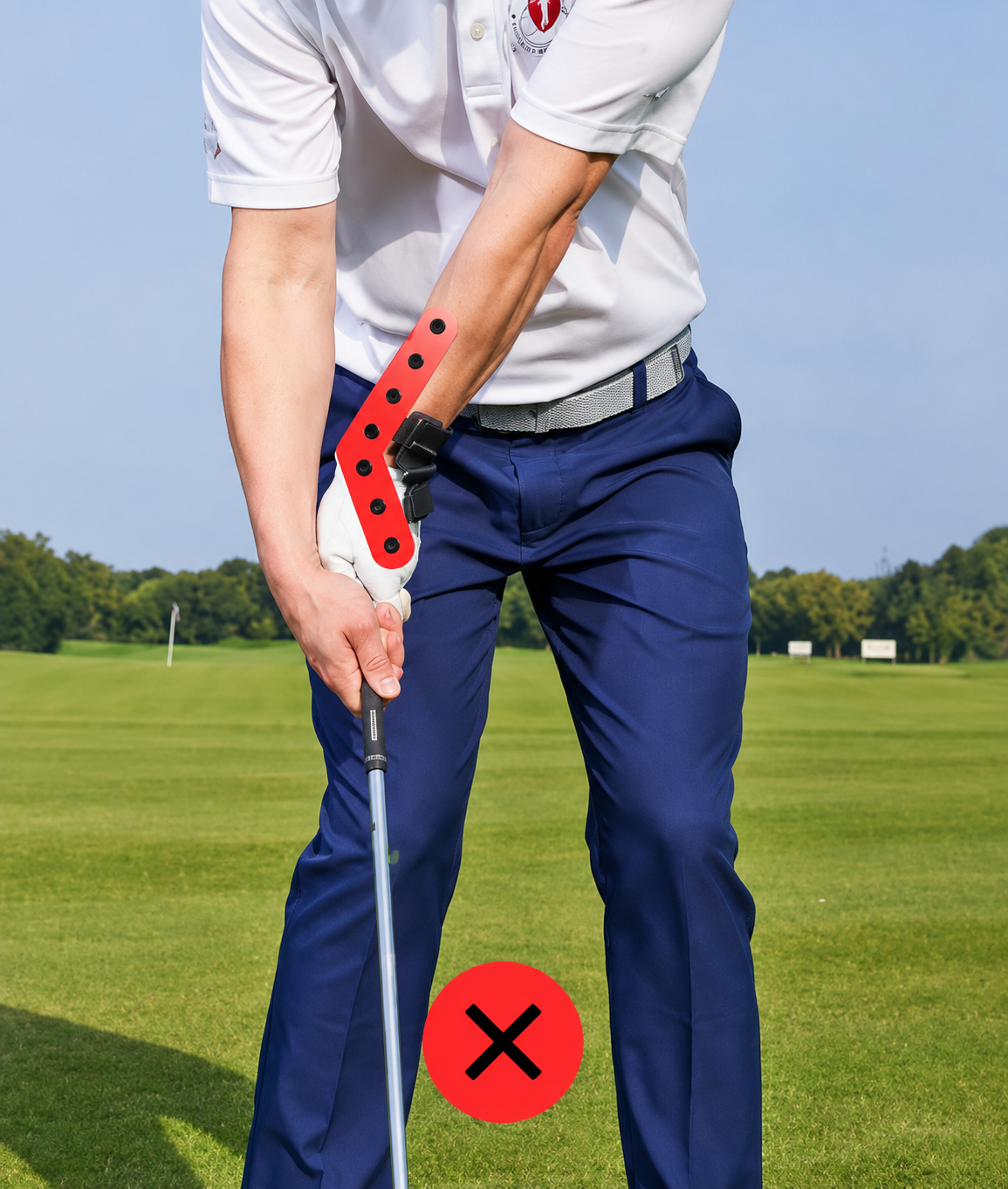 A golfer at impact with a red overlay along the club and lead arm and a red X below, showing an early release that adds loft.