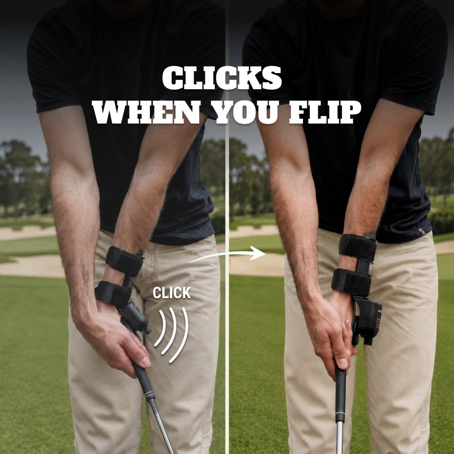 Split image of a golfer wearing the Wrist-X: on the left the trainer clicks as the wrists flip early, on the right the wrists stay intact through the strike.
