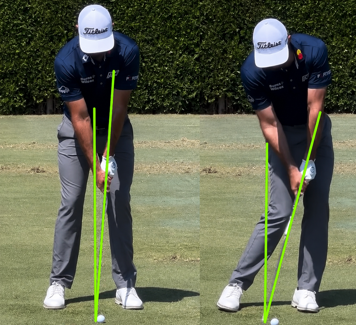 A side-by-side comparison of a golfer's swing at address and impact, with green alignment lines