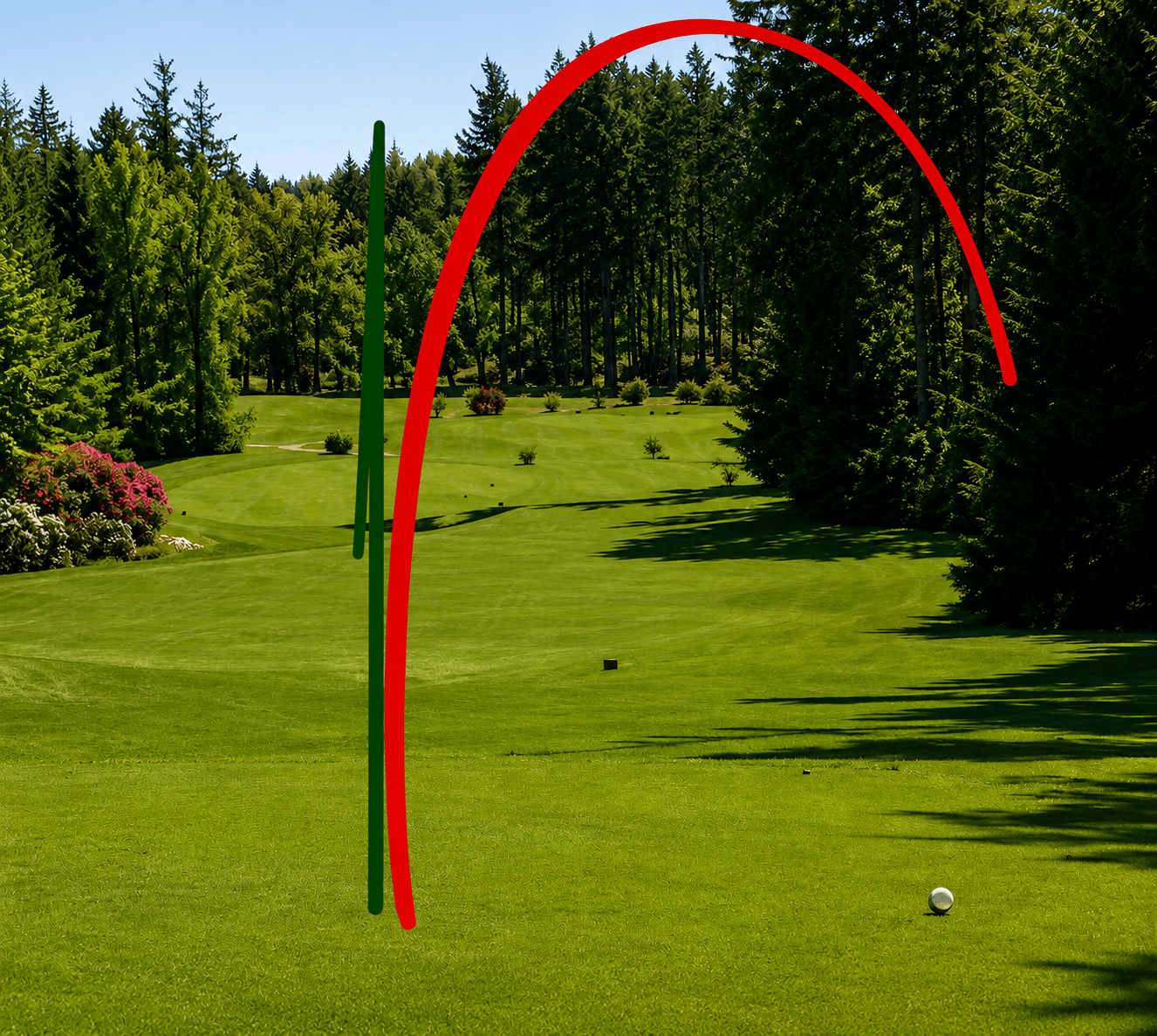 A high, weak iron ball flight arc drawn in red over a golf hole