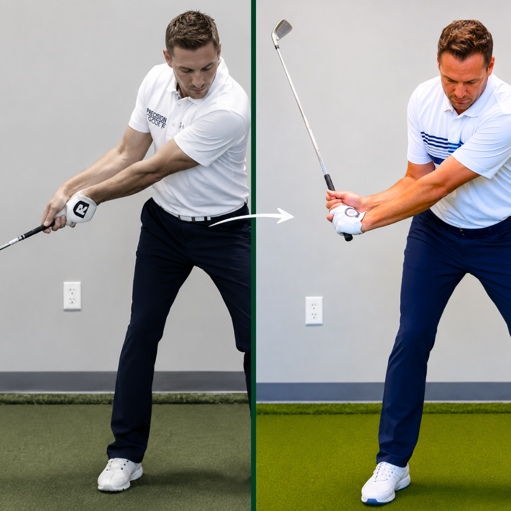 Split screen of a golfer loading wrist hinge and releasing it while wearing the Wrist-X