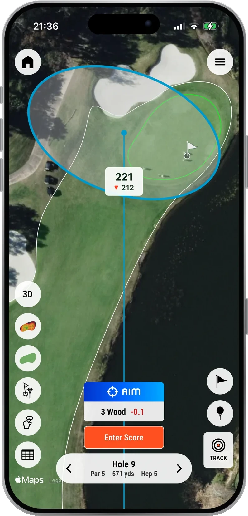 Golf GPS with AimAssist in the WhyGolf App: your shot dispersion, the club and the plays-like distance.