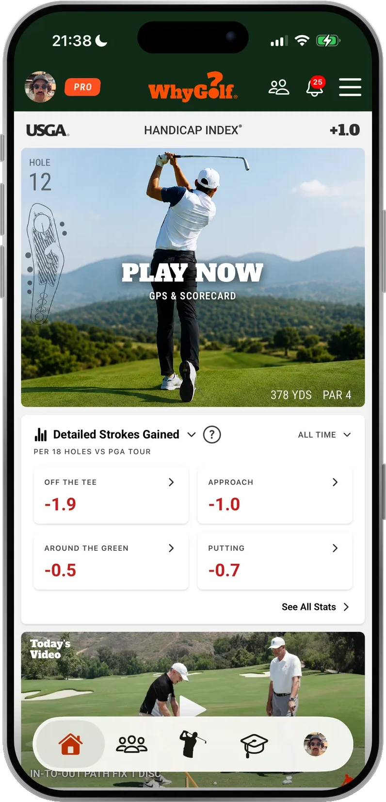 The WhyGolf App home screen: USGA Handicap Index, Play Now and Strokes Gained by category.