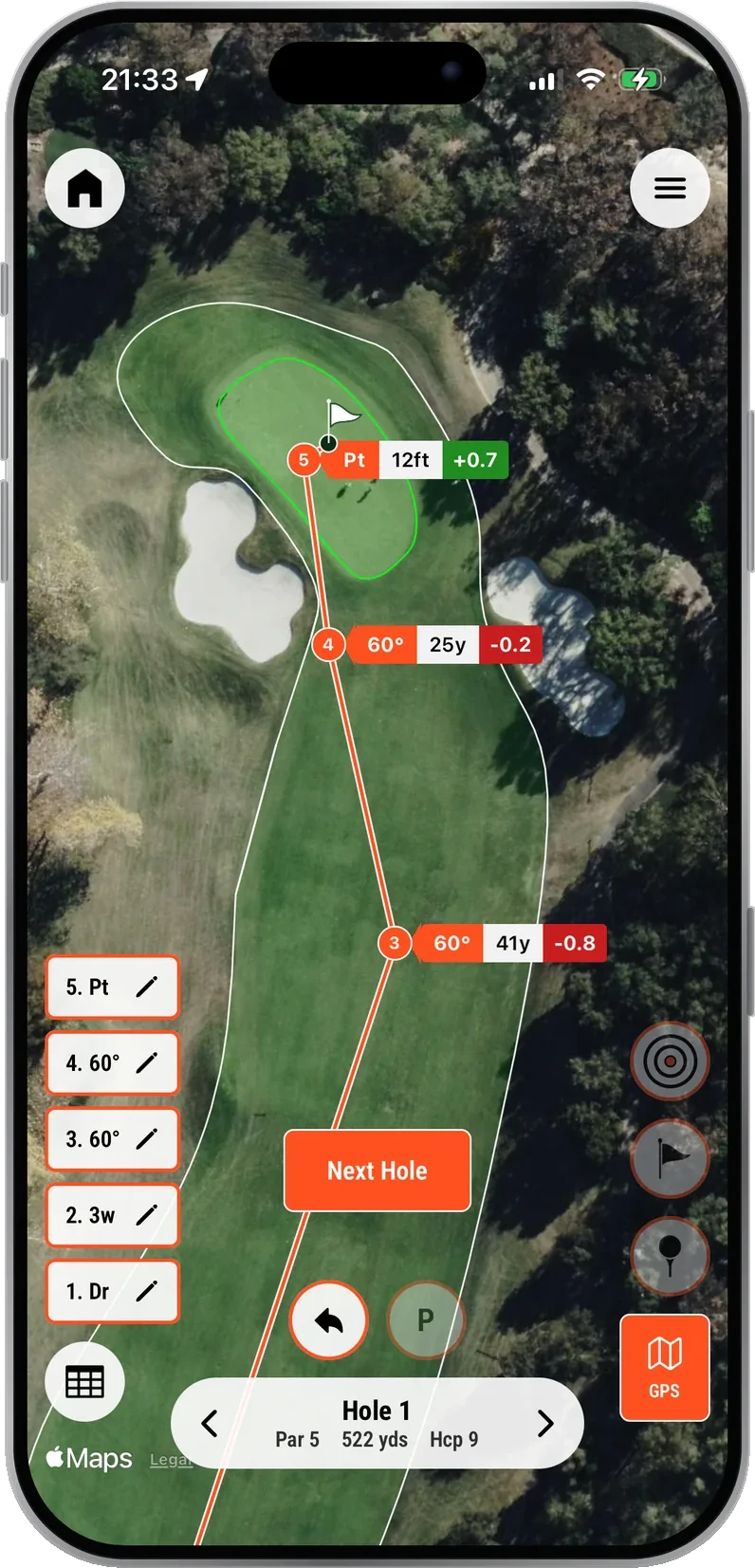 Shot tracking in the WhyGolf App: every shot on a par 5 mapped and scored in Strokes Gained.
