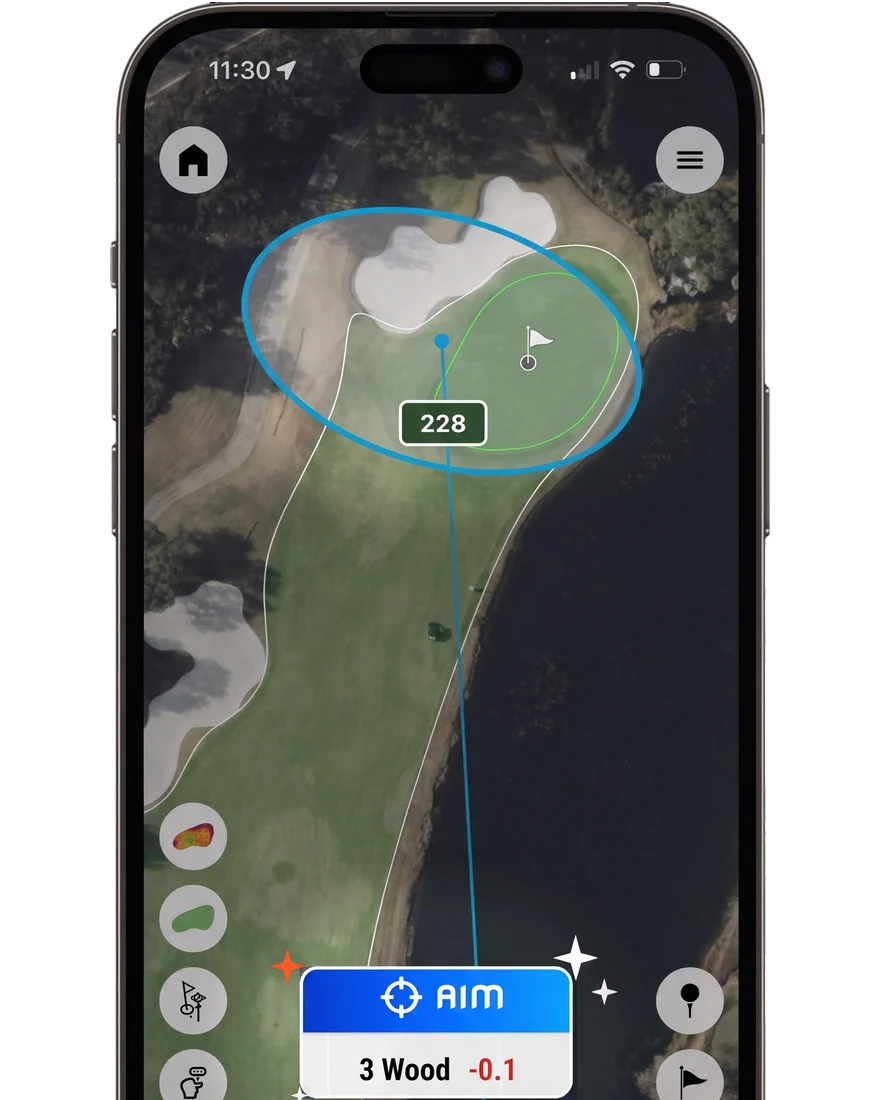 WhyGolf app GPS view recommending a 3 wood with an aim point