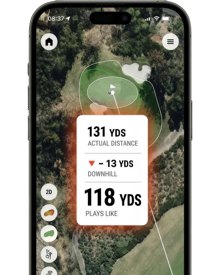 WhyGolf app showing 131 yards actual distance playing like 118 yards downhill