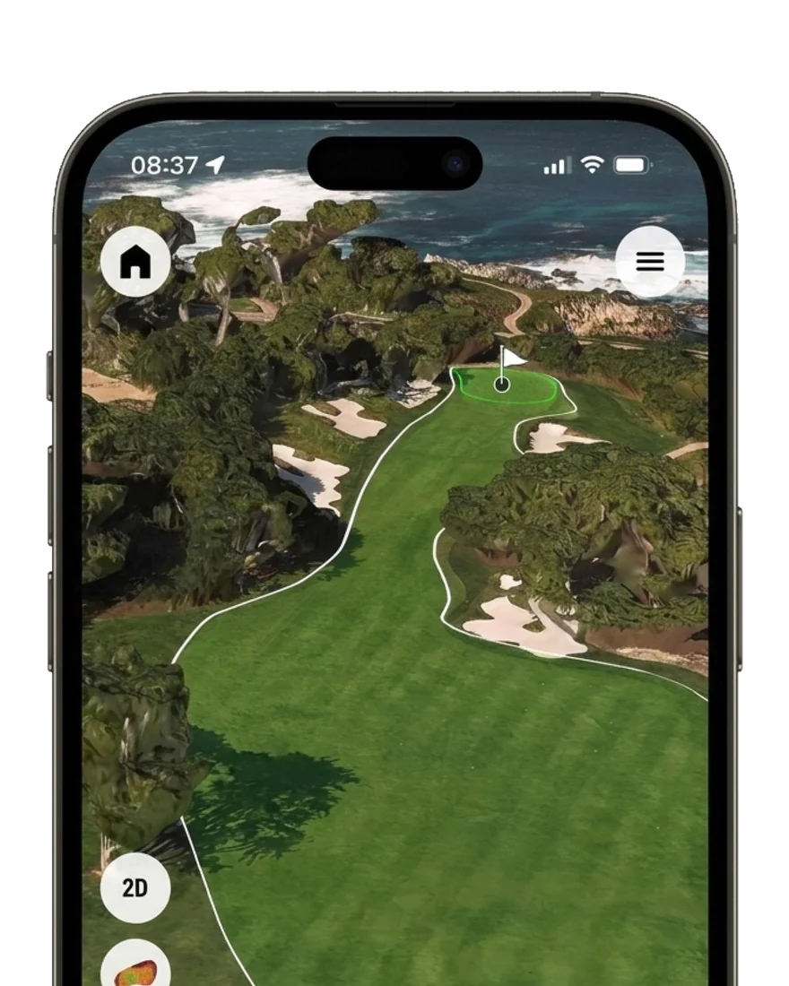WhyGolf app 3D flyover of a par 4 showing the fairway, bunkers and green