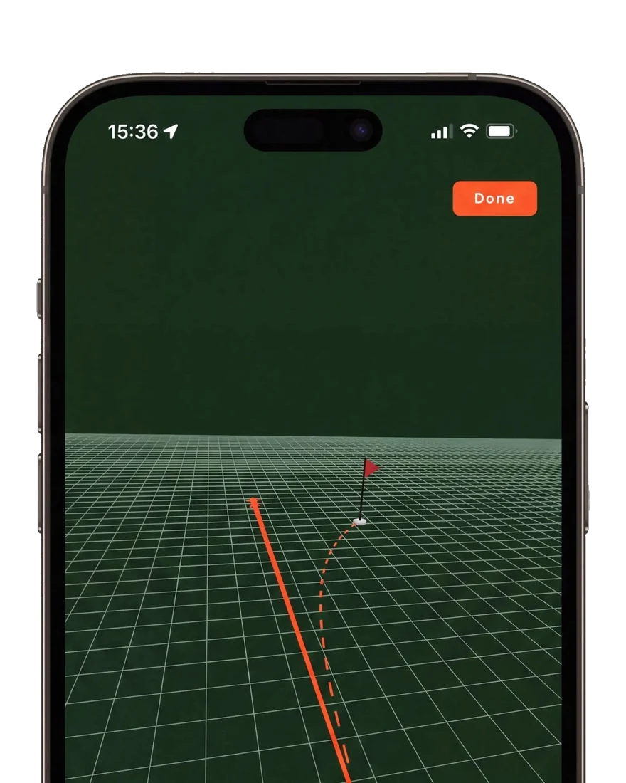 WhyGolf app green reading view showing the curved break line from ball to hole